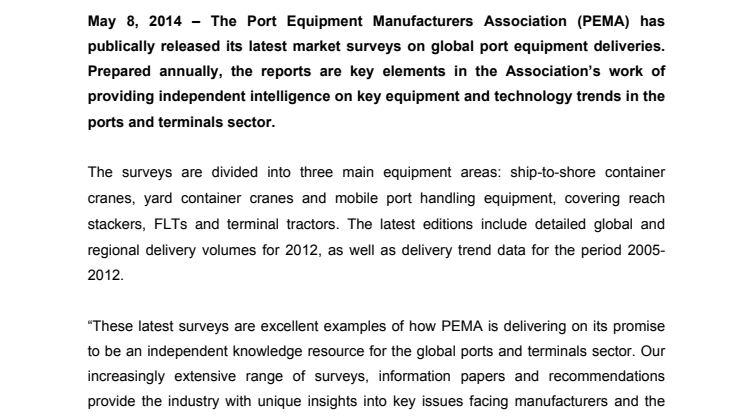 PEMA releases global market surveys on port equipment deliveries