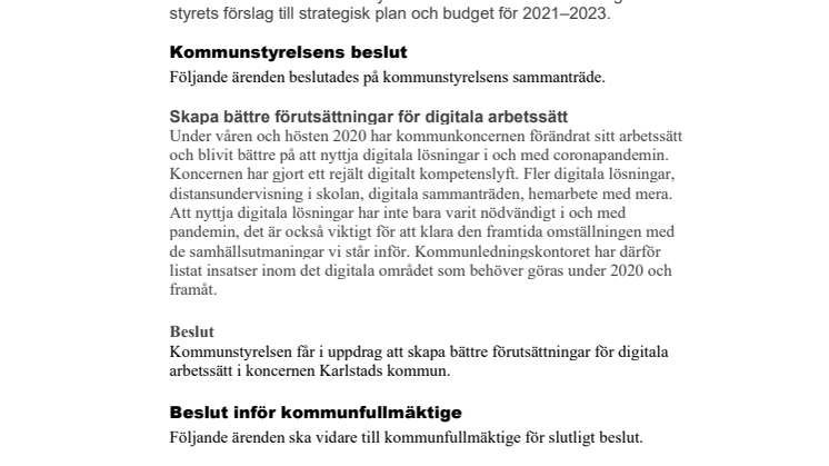 Kommunstyrelsen i korthet den 27 oktober