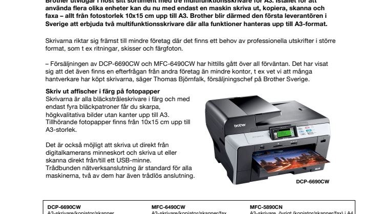 Brother International Sweden AB: Brother först ut på svenska marknaden med multifunktionsskrivare för A3 