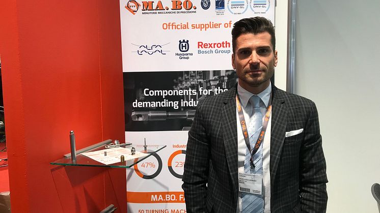 Italienska Ma. Bo. är sedan fem år tillbaka en återkommande utställare på Elmia Subcontractor. Här syns säljchefen Pierluigi Casadei i montern under årets mässa.