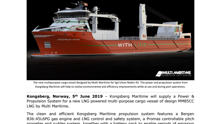 KONGSBERG secures LNG and battery propulsion contract for new Egil Ulvan Rederi AS multi-purpose cargo vessel