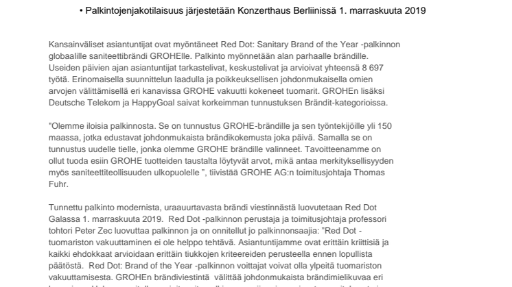  GROHE voitti  Red Dot: Sanitary Brand of the Year -palkinnon