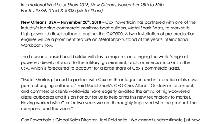 Cox Powertrain partners with metal Shark for Commercial Debut of Pre-Production 300hp Diesel Outboard