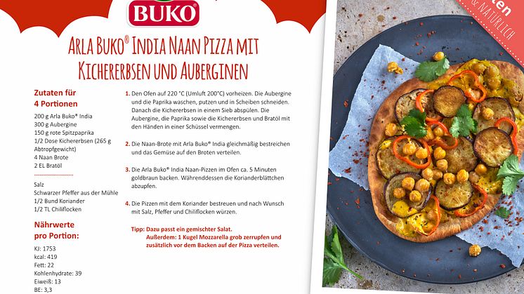 Rezeptkarte Arla Buko® India Naan Pizza mit Kichererbsen und Auberginen