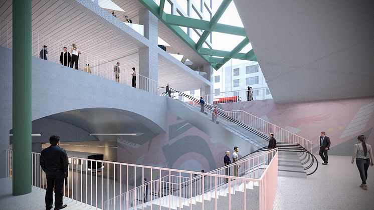 Illustrasjonen viser hvordan Majorstuen T-baneknutepunkt kan se ut i fremtiden. Ill: Sporveien/ MDH arkitekter