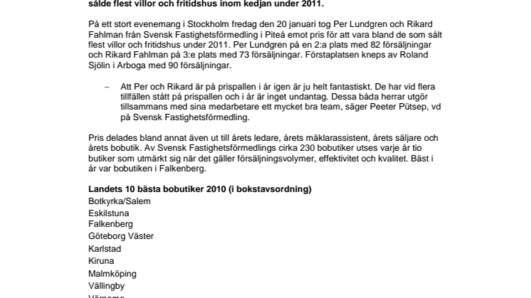 Mäklare från Piteå bland de som sålde flest villor och fritidshus under 2011