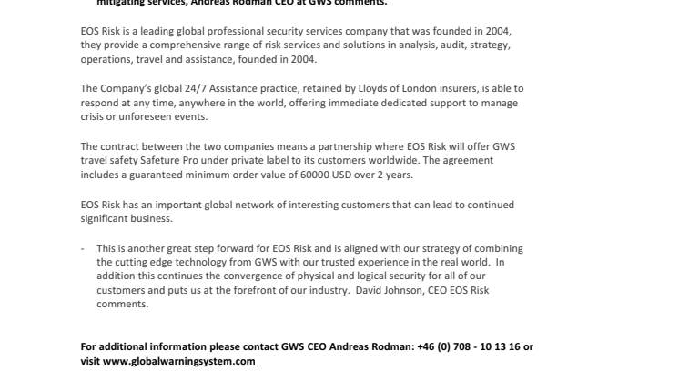 Global leading security services company signs agreement with GWS