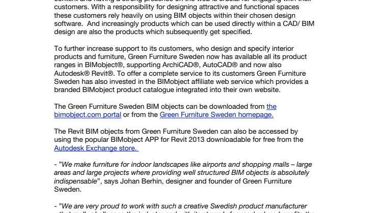 Green Furniture Sweden is stepping up its delivery of BIM objects and launches BIMobject affiliate site!