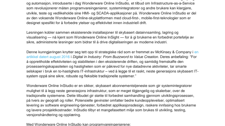 Schneider Electric utvider skyplattformen med Wonderware Online Instudio