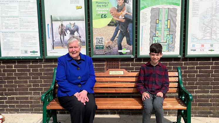 Trevor Tupper’s wife Monica and grandson Felix on the commemorative bench at Chichester