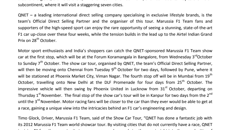 India welcomes the QNET-sponsored Marussia F1 Team Show Car Tour