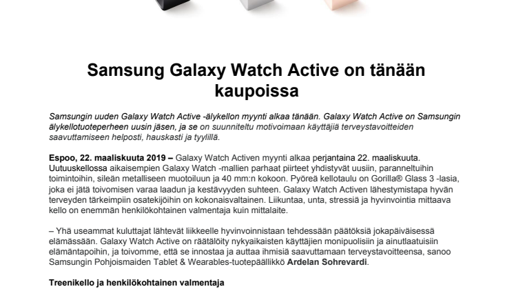 Samsung Galaxy Watch Active on tänään kaupoissa