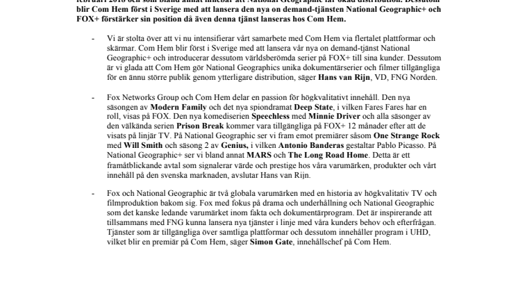 ​Nytt avtal mellan Fox Networks Group och Com Hem