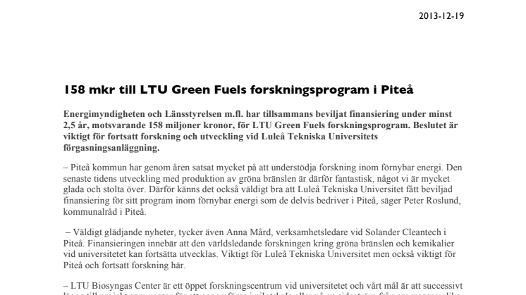 158 mkr till LTU Green Fuels forskningsprogram i Piteå