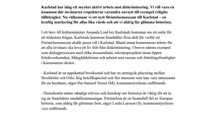 Karlstads kommun välkomnar ett nytt förintelsemuseum 
