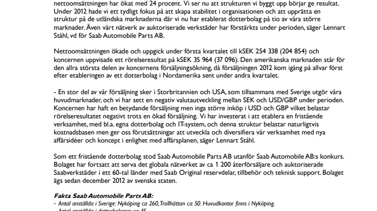 Parts AB visar ökad försäljning under första kvartalet 2013