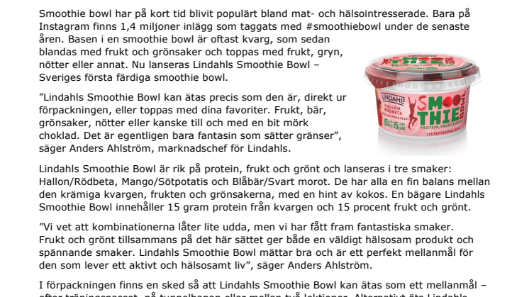 Lindahls lanserar Sveriges första färdiga smoothie bowl 