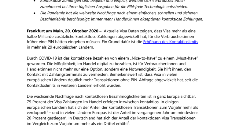 500 Millionen zusätzliche kontaktlose Visa Transaktionen nach  Erhöhungen der Kontaktloslimits in Europa