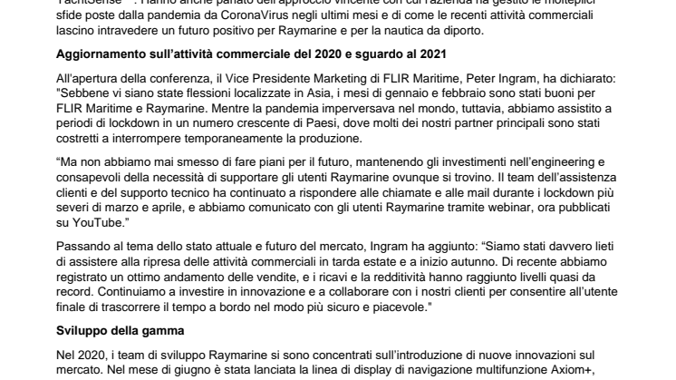 Conferenza stampa Raymarine: aggiornamento sui recenti sviluppi della gamma e  sull’attività commerciale 2020