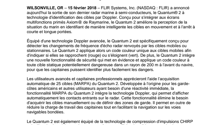 Raymarine: FLIR annonce la sortie du radar Raymarine Quantum 2 CHIRP à technologie Doppler 