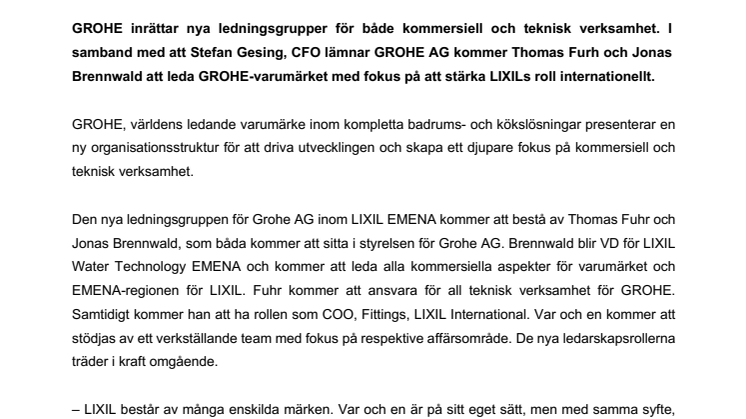 Ny ledningsstruktur för LIXIL EMENA och GROHE: Samlat fokus på kommersiell och teknisk verksamhet
