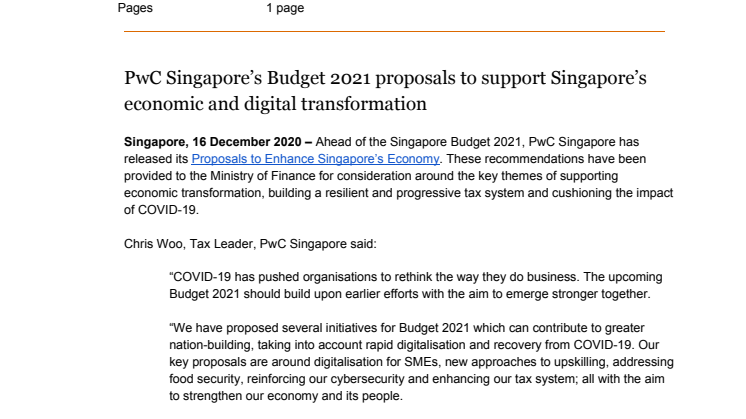 PwC Singapore’s Budget 2021 proposals to support Singapore’s economic and digital transformation