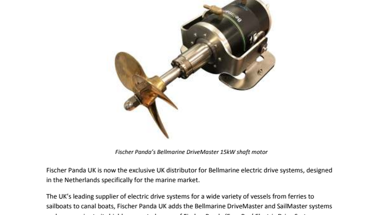 Fischer Panda: Fischer Panda Named Exclusive UK Distributor for Bellmarine Electric Drive Systems