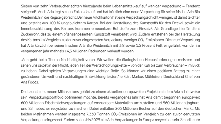 Arla Bio Weidemilch mit neuer Verpackung – für eine nachhaltige Zukunft