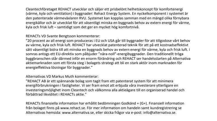 REHACT ABs aktie klar för handel på Alternativa aktiemarknaden