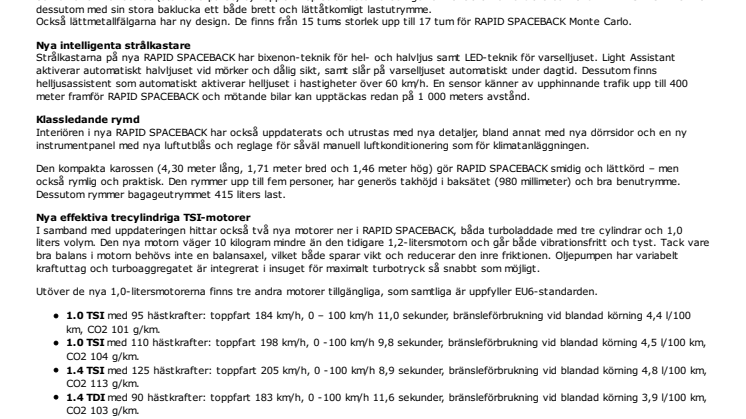 ŠKODA RAPID SPACEBACK uppdateras både till det inre och yttre