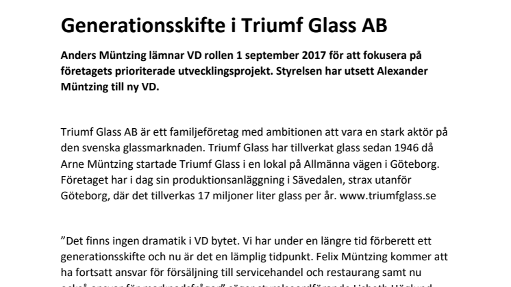 Generationsskifte i Triumf Glass AB
