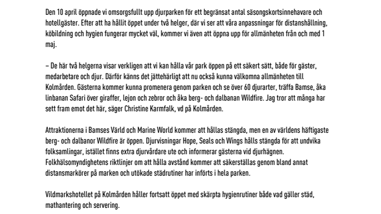 Kolmården öppnar omsorgsfullt för allmänheten 1 maj