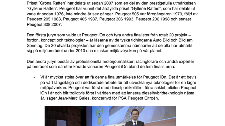 Peugeot iOn fick det prestigefulla priset ”Gröna Ratten” 2010