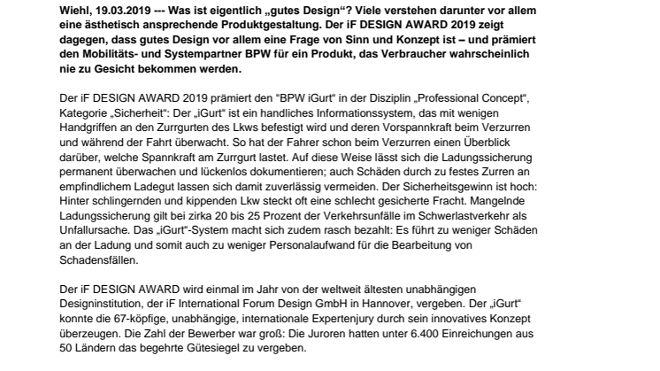 Sensoren gegen Lkw-Unfälle: BPW erhält weltweit renommierten iF DESIGN AWARD 2019 für „unsichtbares“ Produkt