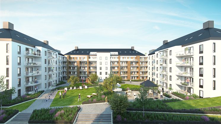 Kvarteret Startbanan, nybyggda prissänkta bostäder i Södra Ladugårdsängen. Illustration: Botrygg