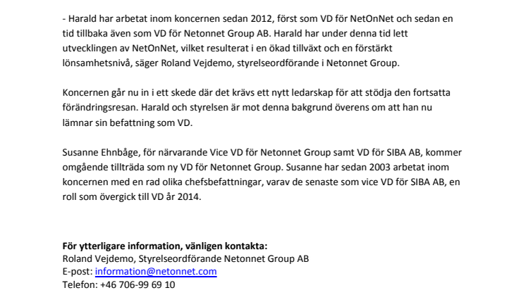 Harald Ennen lämnar NetOnNet. Susanne Ehnbåge utsedd till ny VD.     