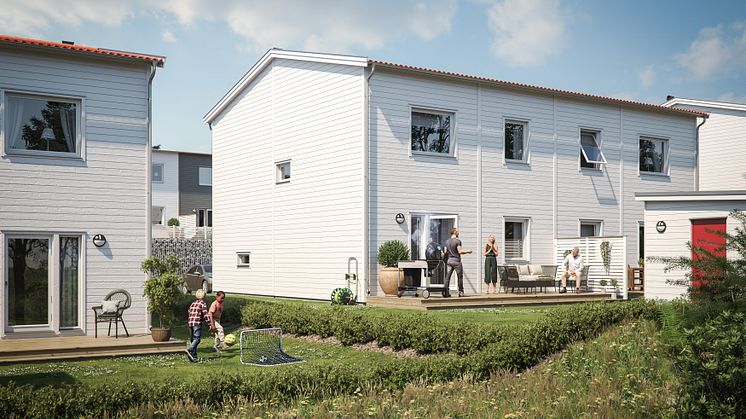 Illustration av trädgårdssida med uteplats och grönytor, parhusen i BoKlok Myrvisslaren i Karlstad. 