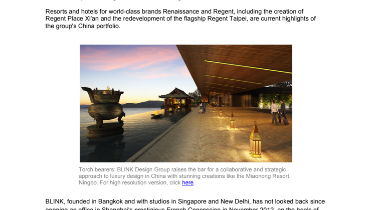 BLINK DESIGN GROUP MARCHES INTO GREATER CHINA AT DOUBLE-TIME AS NEW SHANGHAI OFFICE DRIVES GROWTH AND BOOSTS CLIENT RELATIONS
