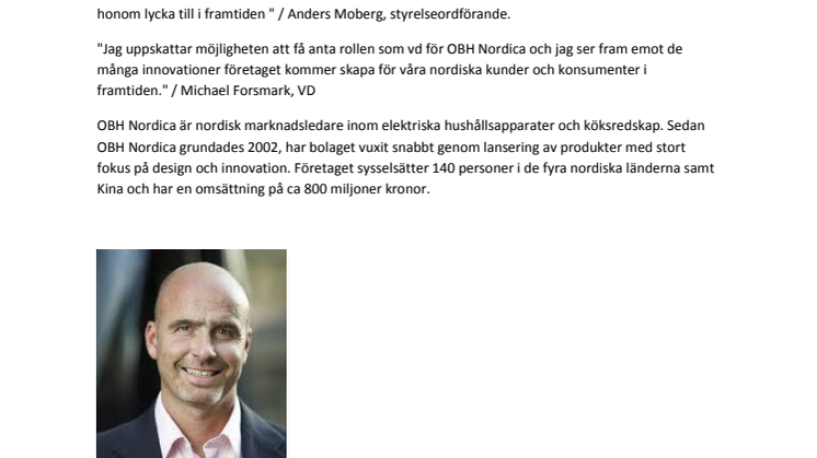 Michael Forsmark blir ny VD för OBH Nordica AB