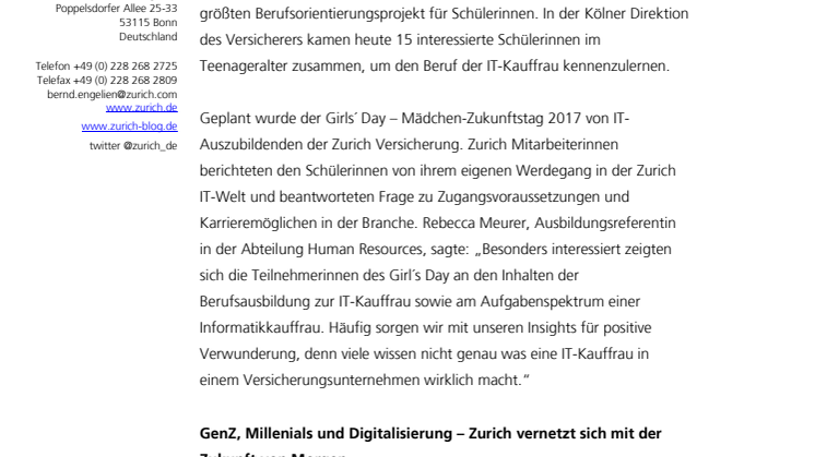 Zurich begeistert Schülerinnen für IT Berufe