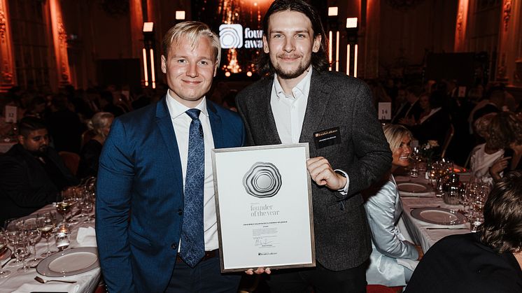 The Silver winners of the Young Founder of the Year, Johannes Salmisaari and Henrik Helenius, founders of Droppe, were awarded for their mission to bring the industrial community into the digital era at the Founders Awards Gala on September 20, 2023.