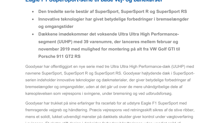 Goodyear skubber til grænserne med den nye løbsinspirerede Eagle F1 SuperSport-serie til både vej- og banekørsel