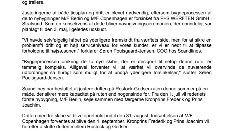 Scandlines justerer sommertidsplanen på grund af værftsforsinkelser