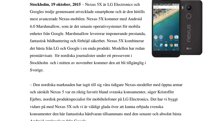 LG OCH GOOGLE PRESENTERAR NEXUS 5X – I NOVEMBER KOMMER DEN AVANCERADE NEXUS-MOBILEN TILL SVERIGE