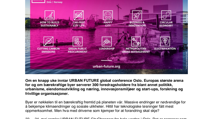 Nedtellingen har startet - URBAN FUTURE Global Conference | 22. – 24. mai 2019 | Oslo
