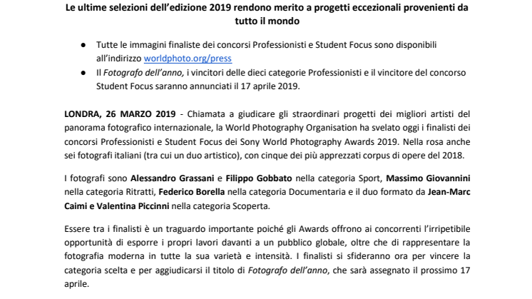 Sony World Photography Awards 2019: gli intensi scatti di sei fotografi italiani approdano alla finale del concorso Professionisti