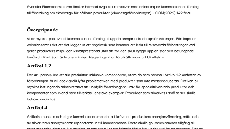 Remissvar Kommissionens förordning om ekodesign  M2022/00802