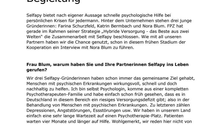 Digitale Online Therapie mit Begleitung - FPZ Interview mit Nora Blum von Selfapy 