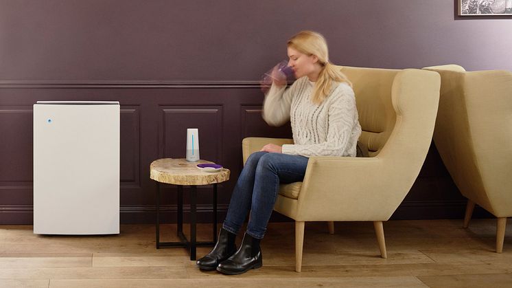 A Blueair air purifier works with Blueair's Aware air quality monitor, which constantly checks what pollutants are in the surrounding air and wirelessly transmits that information to the air cleaner so it can react.
