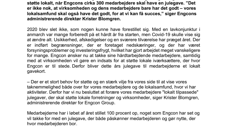 Engcon støtter lokalt denne jul   – medarbejderne modtager en julegave, der understøtter lokalområdet 